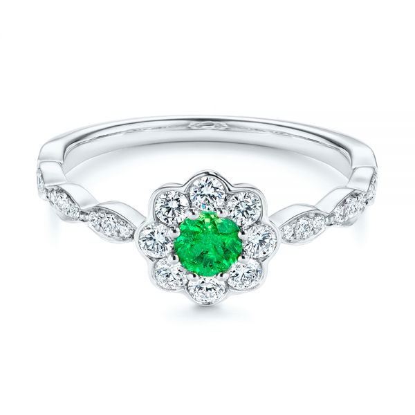 Platinum Platinum Floral Emerald And Diamond Gemstone Ring - Flat View - 106008