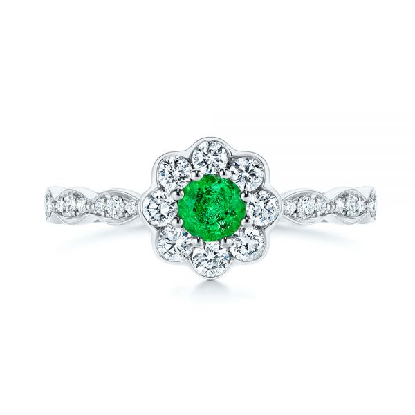18k White Gold 18k White Gold Floral Emerald And Diamond Gemstone Ring - Top View -  106008 - Thumbnail