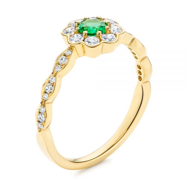 18k Yellow Gold 18k Yellow Gold Floral Emerald And Diamond Gemstone Ring - Three-Quarter View -  106008