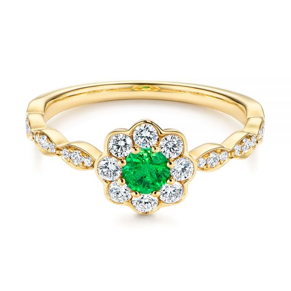 14k Yellow Gold Floral Emerald And Diamond Gemstone Ring - Flat View - 106008