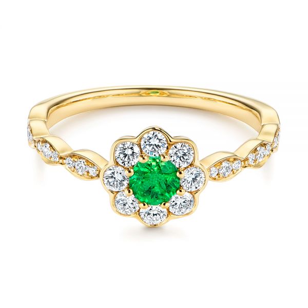 14k Yellow Gold Floral Emerald And Diamond Gemstone Ring - Flat View -  106008 - Thumbnail