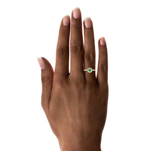 14k Yellow Gold Floral Emerald And Diamond Gemstone Ring - Hand View #2 -  106008