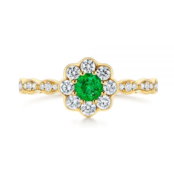 14k Yellow Gold Floral Emerald And Diamond Gemstone Ring - Top View - 106008