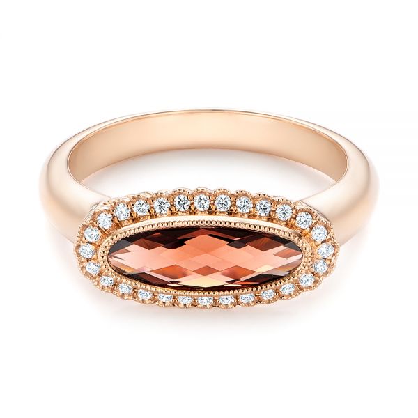 14k Rose Gold Garnet And Diamond Halo Fashion Ring - Flat View - 104579