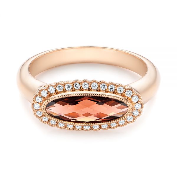 14k Rose Gold Garnet And Diamond Halo Fashion Ring - Flat View -  104579