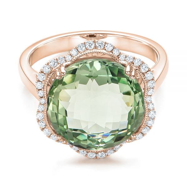 14k Rose Gold 14k Rose Gold Green Quartz Checkerboard And Diamond Halo Ring - Flat View - 101939