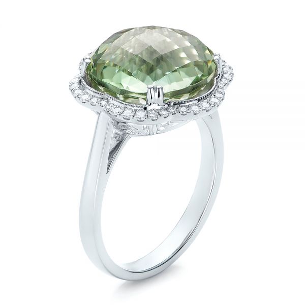 14k White Gold 14k White Gold Green Quartz Checkerboard And Diamond Halo Ring - Three-Quarter View -  101939