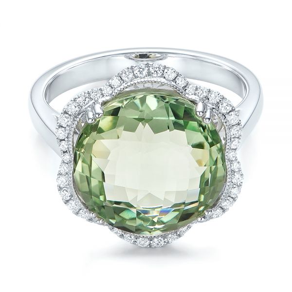 14k White Gold 14k White Gold Green Quartz Checkerboard And Diamond Halo Ring - Flat View - 101939
