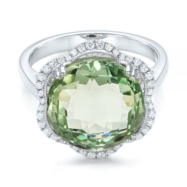 14k White Gold 14k White Gold Green Quartz Checkerboard And Diamond Halo Ring - Flat View -  101939