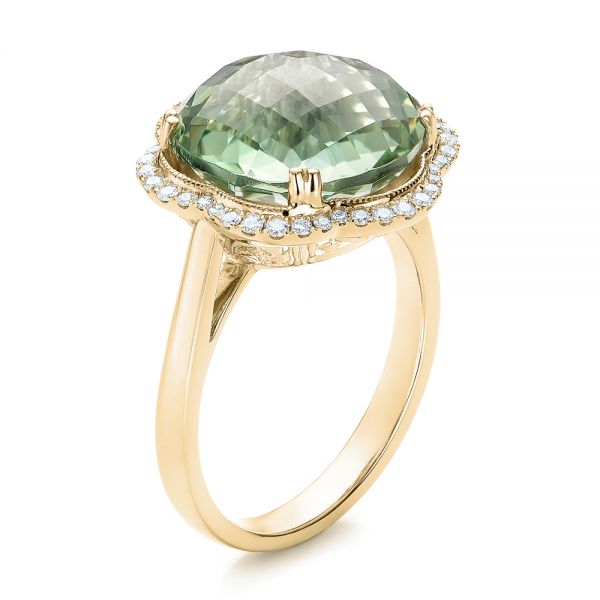 18k Yellow Gold 18k Yellow Gold Green Quartz Checkerboard And Diamond Halo Ring - Three-Quarter View -  101939