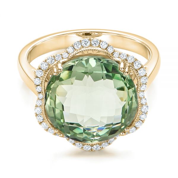 14k Yellow Gold 14k Yellow Gold Green Quartz Checkerboard And Diamond Halo Ring - Flat View - 101939