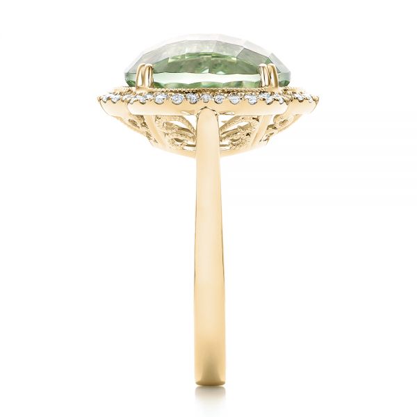 14k Yellow Gold 14k Yellow Gold Green Quartz Checkerboard And Diamond Halo Ring - Side View -  101939