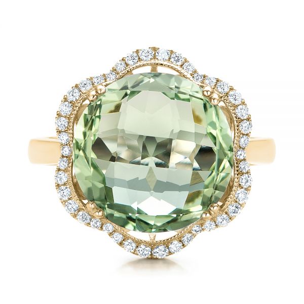 14k Yellow Gold 14k Yellow Gold Green Quartz Checkerboard And Diamond Halo Ring - Top View - 101939