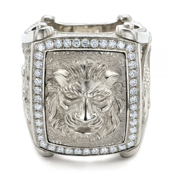 14k White Gold Lion's Head Hand Carved Ring - Flat View - 101511