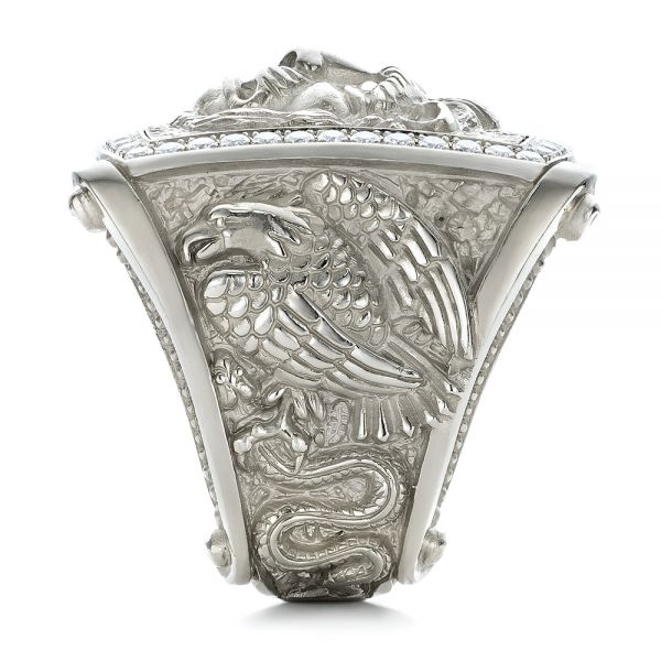 14k White Gold Lion's Head Hand Carved Ring - Side View -  101511