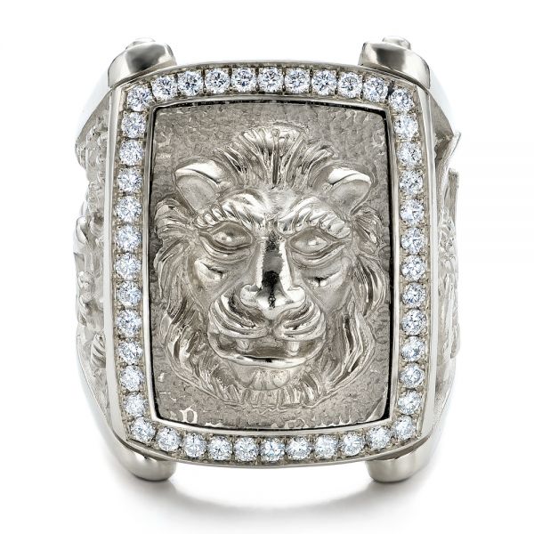 14k White Gold Lion's Head Hand Carved Ring - Top View -  101511