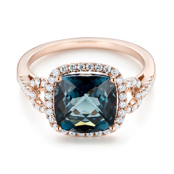 14k Rose Gold London Blue Topaz And Diamond Halo Fashion Ring - Flat View - 103767