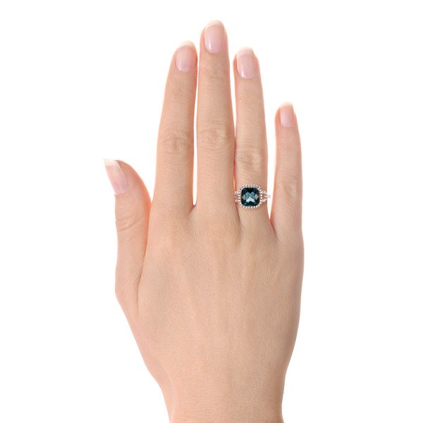 14k Rose Gold London Blue Topaz And Diamond Halo Fashion Ring - Hand View - 103767