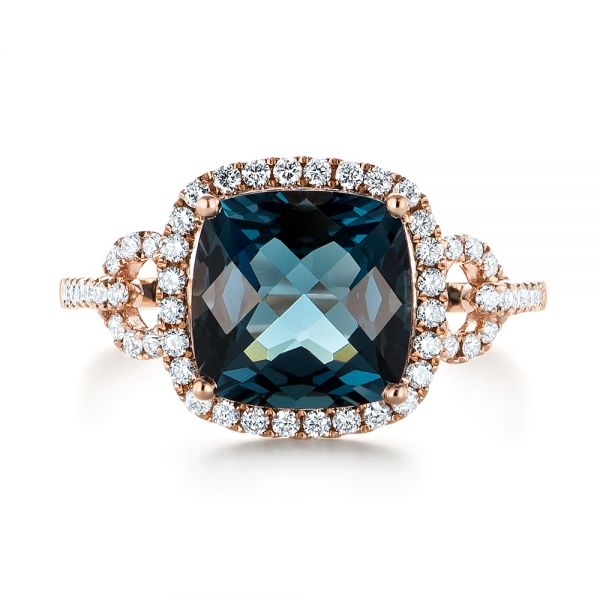 14k Rose Gold London Blue Topaz And Diamond Halo Fashion Ring - Top View - 103767