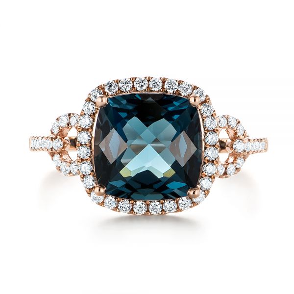 14k Rose Gold London Blue Topaz And Diamond Halo Fashion Ring - Top View -  103767