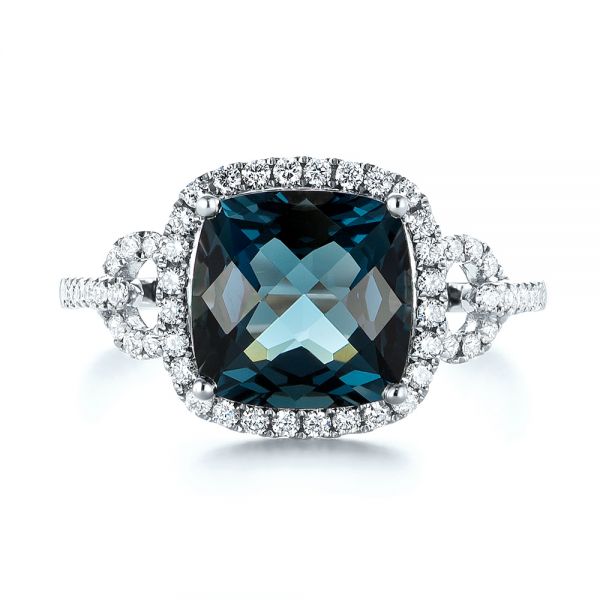 18k White Gold 18k White Gold London Blue Topaz And Diamond Halo Fashion Ring - Top View -  103767