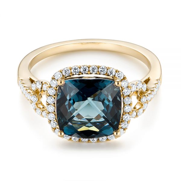 18k Yellow Gold 18k Yellow Gold London Blue Topaz And Diamond Halo Fashion Ring - Flat View -  103767