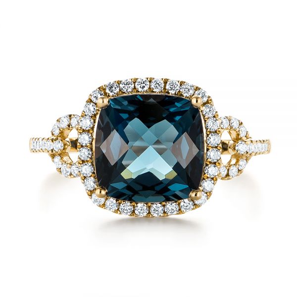 18k Yellow Gold 18k Yellow Gold London Blue Topaz And Diamond Halo Fashion Ring - Top View -  103767