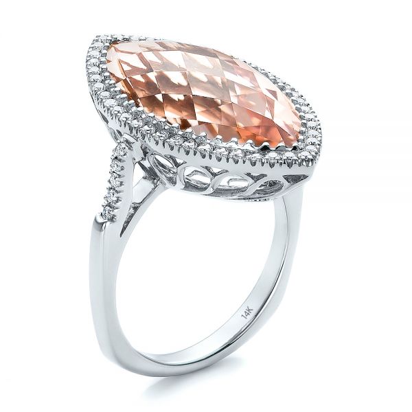 18k White Gold 18k White Gold Marquise Morganite And Diamond Halo Ring - Three-Quarter View -  100797