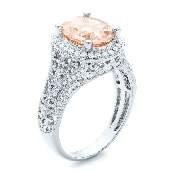 18k White Gold 18k White Gold Morganite And Diamond Halo Fashion Ring - Three-Quarter View -  102534