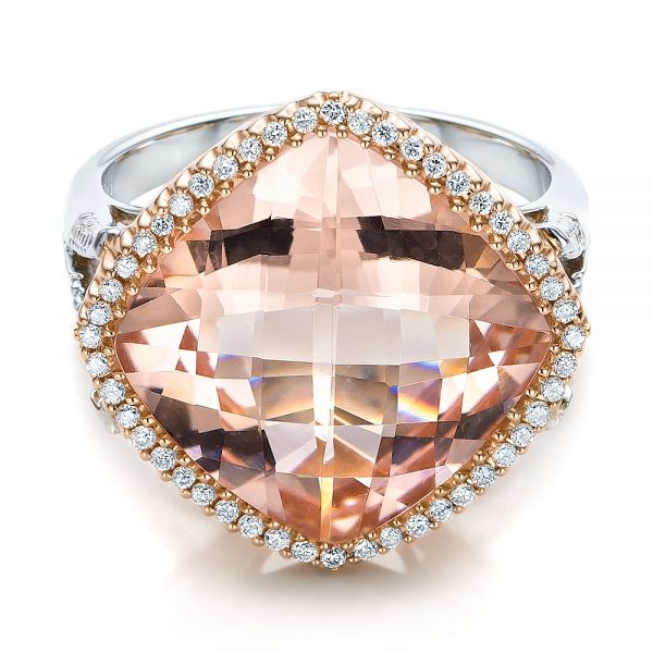  Platinum Platinum Morganite And Diamond Halo Two-tone Ring - Flat View -  100795