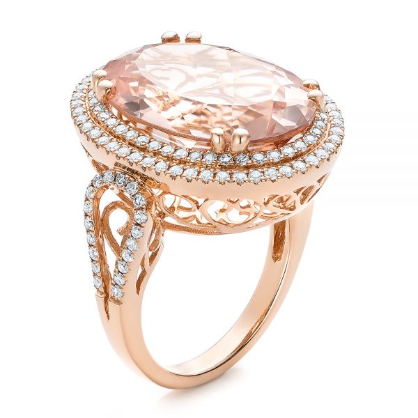 14k Rose Gold 14k Rose Gold Morganite And Double Diamond Halo Fashion Ring - Three-Quarter View -  101781