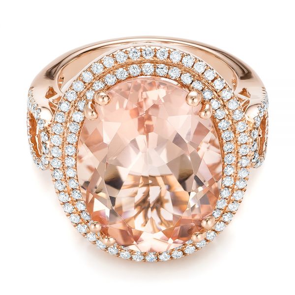 14k Rose Gold 14k Rose Gold Morganite And Double Diamond Halo Fashion Ring - Flat View -  101781