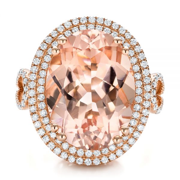 14k Rose Gold 14k Rose Gold Morganite And Double Diamond Halo Fashion Ring - Top View - 101781