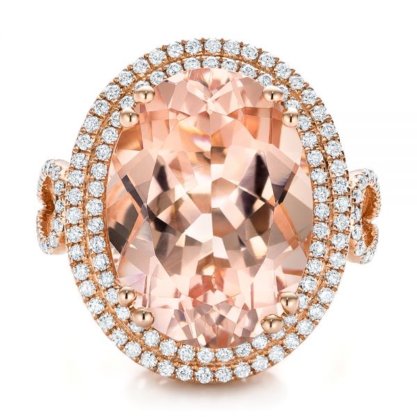 14k Rose Gold 14k Rose Gold Morganite And Double Diamond Halo Fashion Ring - Top View -  101781