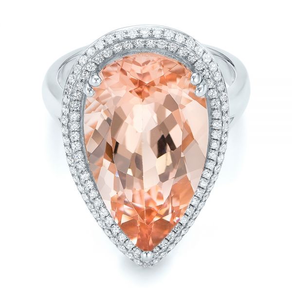 18k White Gold 18k White Gold Morganite And Double Diamond Halo Fashion Ring - Flat View -  101780
