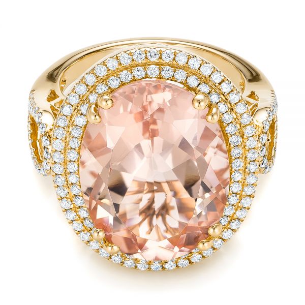 18k Yellow Gold 18k Yellow Gold Morganite And Double Diamond Halo Fashion Ring - Flat View - 101781