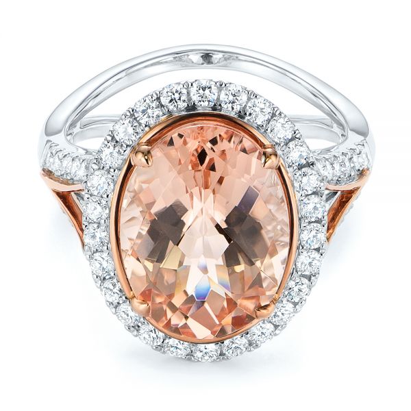 14k Rose Gold 14k Rose Gold Oval Morganite And Diamond Halo Fashion Ring - Flat View -  105006