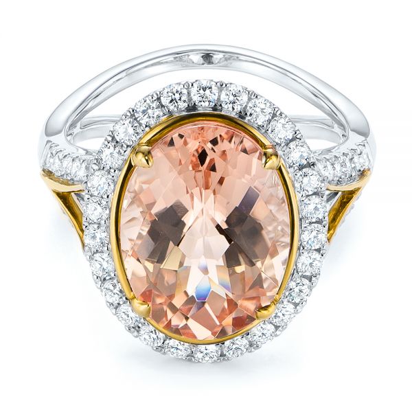 18k Yellow Gold 18k Yellow Gold Oval Morganite And Diamond Halo Fashion Ring - Flat View -  105006