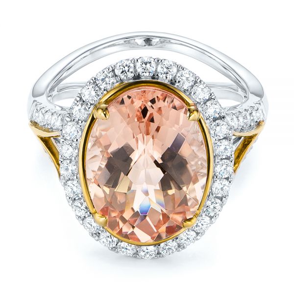 14k Yellow Gold 14k Yellow Gold Oval Morganite And Diamond Halo Fashion Ring - Flat View - 105006