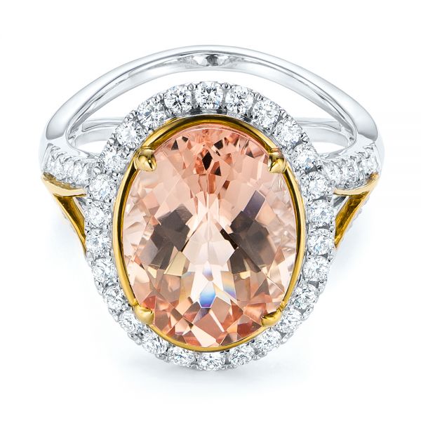 14k Yellow Gold 14k Yellow Gold Oval Morganite And Diamond Halo Fashion Ring - Flat View -  105006