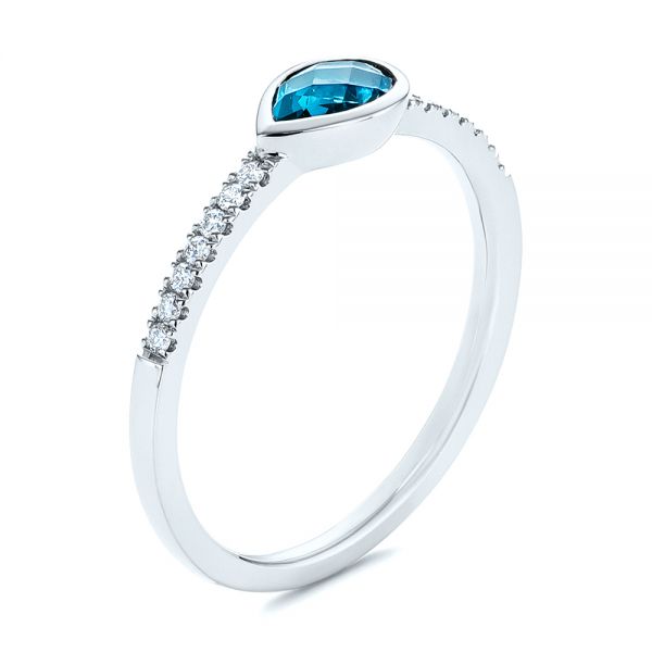 14k White Gold Pear London Blue Topaz And Diamond Stacking Ring - Three-Quarter View -  105434