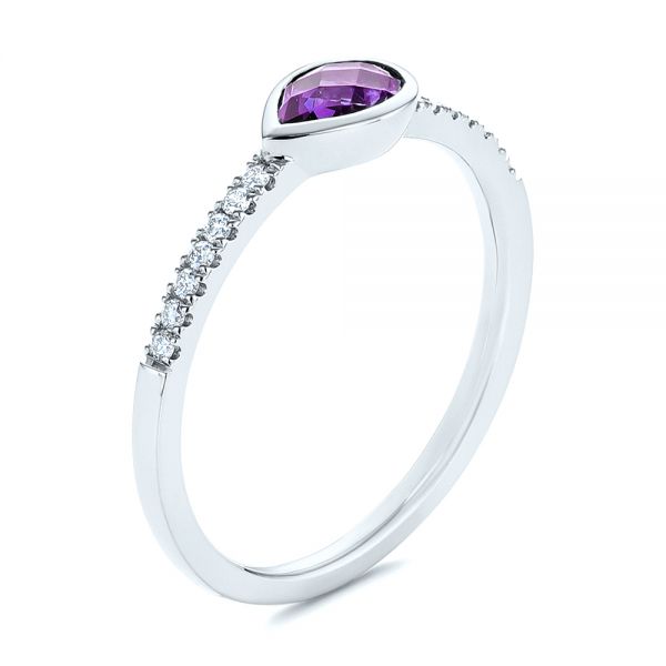 14k White Gold 14k White Gold Pear Shaped Amethyst And Diamond Fashion Ring - Three-Quarter View -  105402