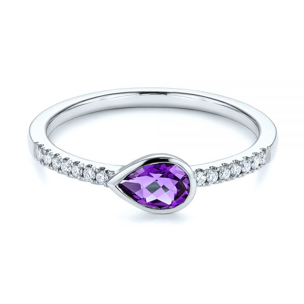 14k White Gold 14k White Gold Pear Shaped Amethyst And Diamond Fashion Ring - Flat View -  105402