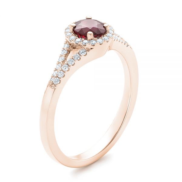 18k Rose Gold 18k Rose Gold Ruby And Diamond Halo Ring - Three-Quarter View -  102721