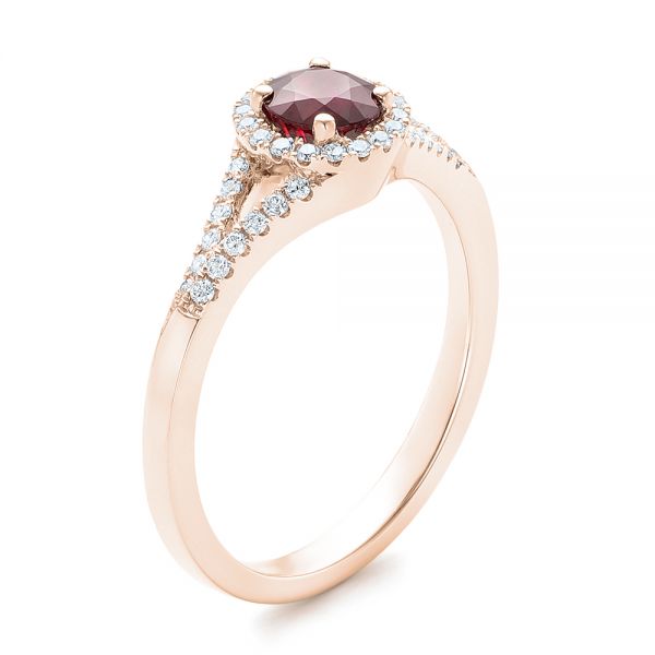 14k Rose Gold 14k Rose Gold Ruby And Diamond Halo Ring - Three-Quarter View -  102721