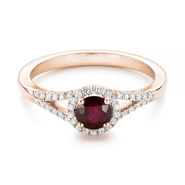 18k Rose Gold 18k Rose Gold Ruby And Diamond Halo Ring - Flat View -  102721