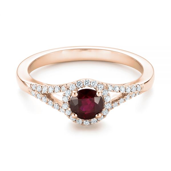 14k Rose Gold 14k Rose Gold Ruby And Diamond Halo Ring - Flat View - 102721