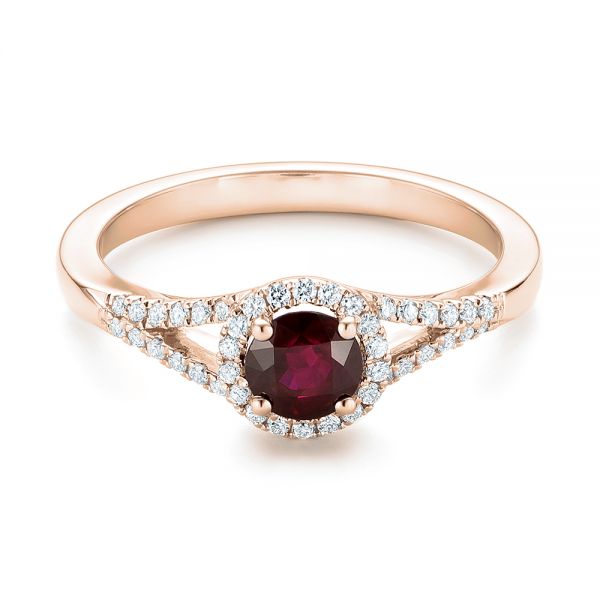 14k Rose Gold 14k Rose Gold Ruby And Diamond Halo Ring - Flat View -  102721