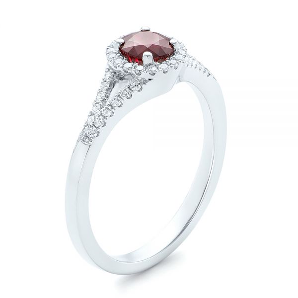 14k White Gold Ruby And Diamond Halo Ring - Three-Quarter View -  102721