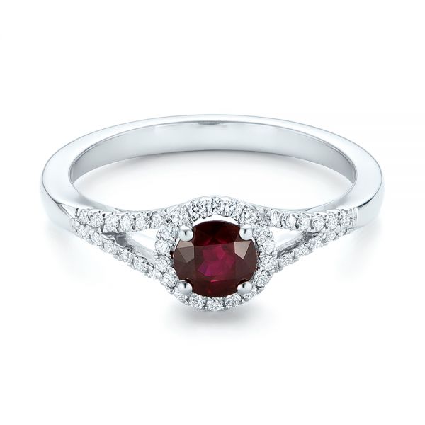 18k White Gold 18k White Gold Ruby And Diamond Halo Ring - Flat View -  102721